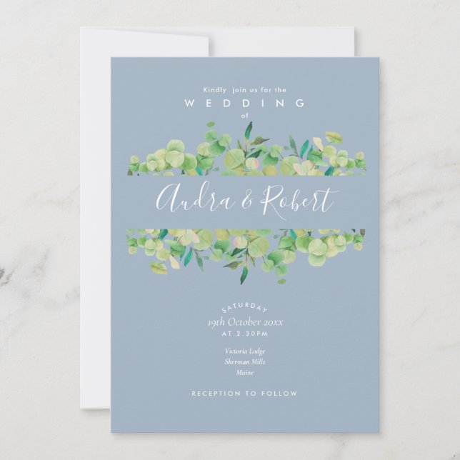 Invitation Dusty Blue Eucalyptus Greenery Mariage (Devant)