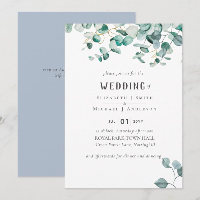 Invitation Dusty Blue Eucalyptus MARIAGE BUDGET vert (Devant / Derrière)