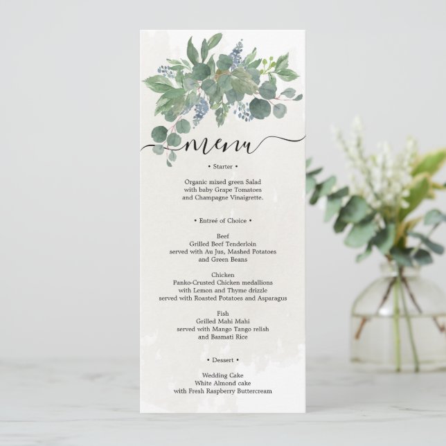 Invitation Dusty Blue Eucalyptus Mariage Menu Fête des mariée (Debout devant)