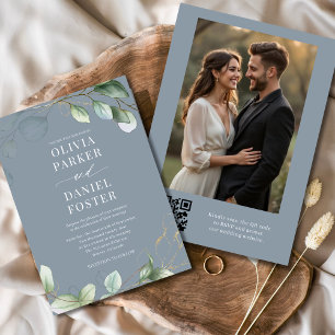 Invitation Dusty Blue Eucalyptus QR Code Mariage photo