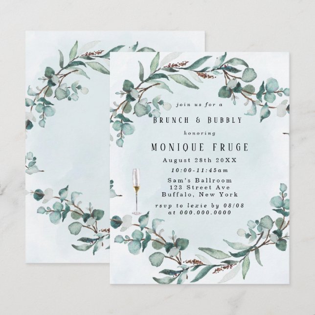 Invitation Dusty Blue Eucalyptus Vert Brunch & Bubbly (Devant / Derrière)