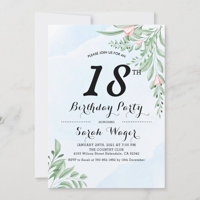 Invitation Dusty Blue Eucalyptus Vert Doux 18e anniversaire (Devant)