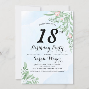 Invitation Dusty Blue Eucalyptus Vert Doux 18e anniversaire