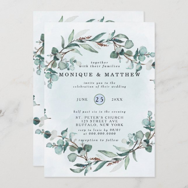 Invitation Dusty Blue Eucalyptus Vert Mariage rustique (Devant / Derrière)