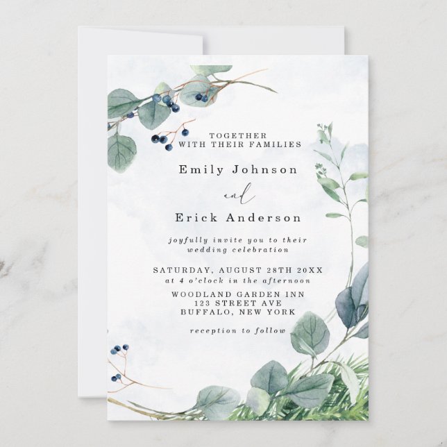 Invitation Dusty Blue Eucalyptus Vert Mariage rustique (Devant)