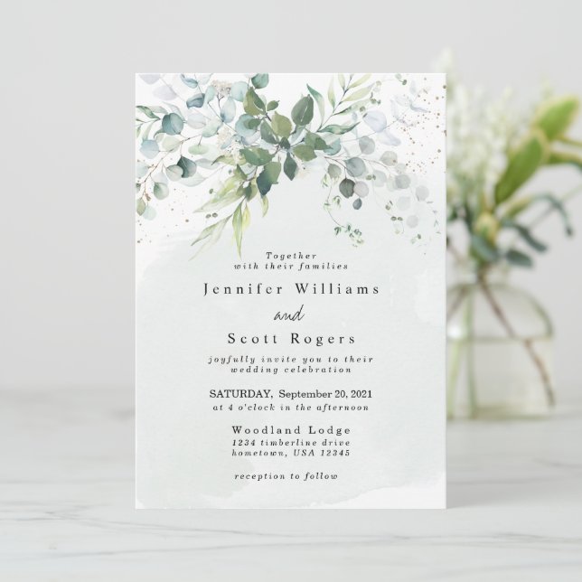 Invitation Dusty Blue Eucalyptus Vert Mariage Succulent (Debout devant)
