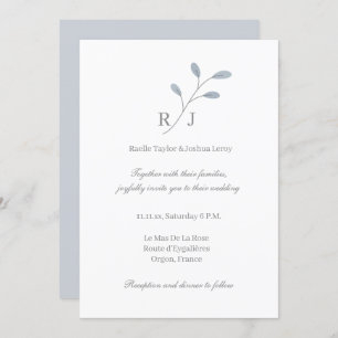 Invitation Dusty Blue Feuilles Monogramme Mariage botanique