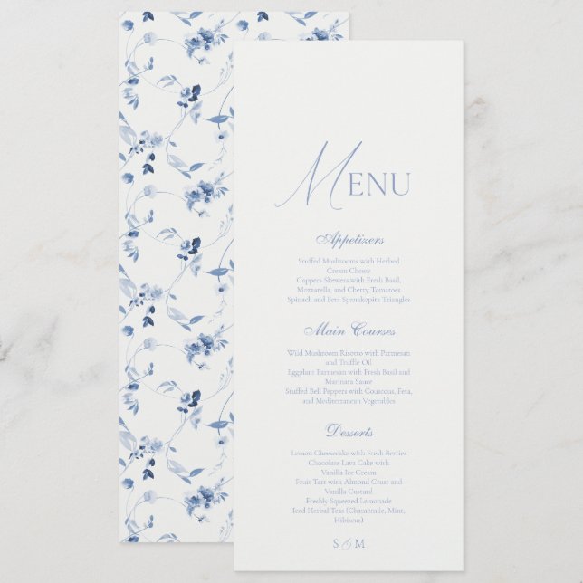 Invitation Dusty Blue Fine Art Floral Wedding Menu  (Devant / Derrière)