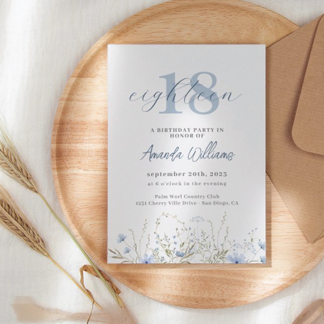 Invitation Dusty Blue Fleur sauvage 18e anniversaire Invitati (Créateur téléchargé)