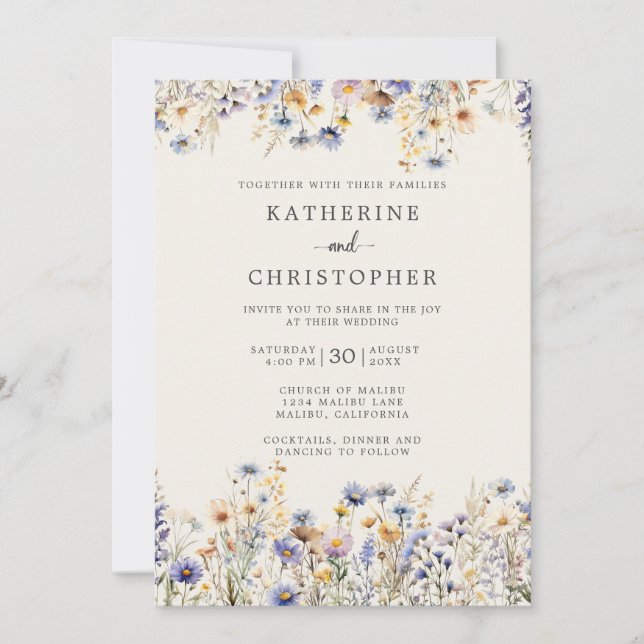 Invitation Dusty Blue Fleur sauvage Budget Mariage ivoire (Devant)