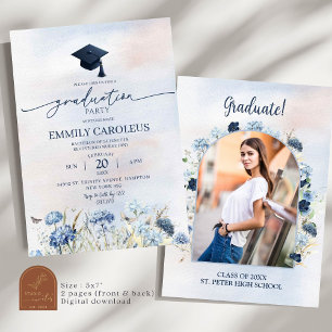 Invitation Dusty Blue Fleur sauvage Graduation Avec Photo