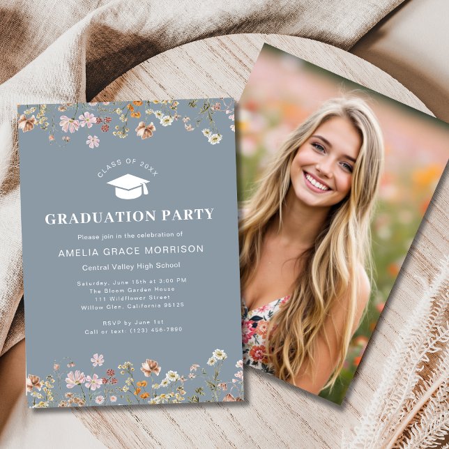 Invitation Dusty Blue Fleur sauvage Graduation Party Boho Blo (Créateur téléchargé)