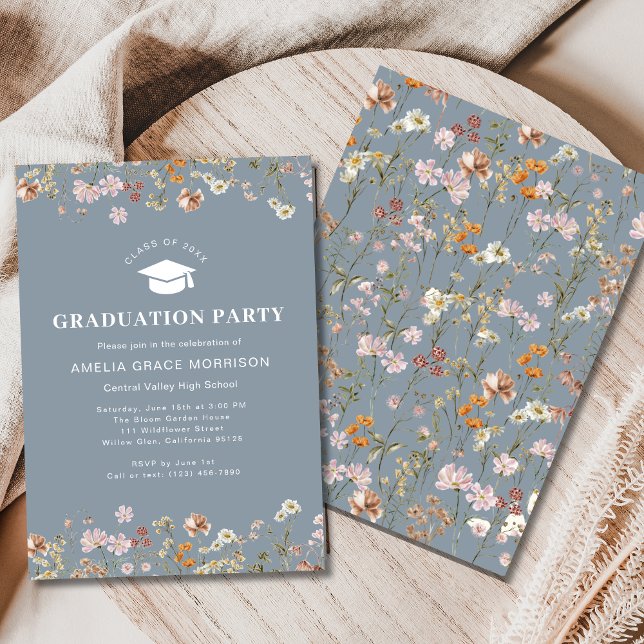 Invitation Dusty Blue Fleur sauvage Graduation Party Boho Blo (Créateur téléchargé)