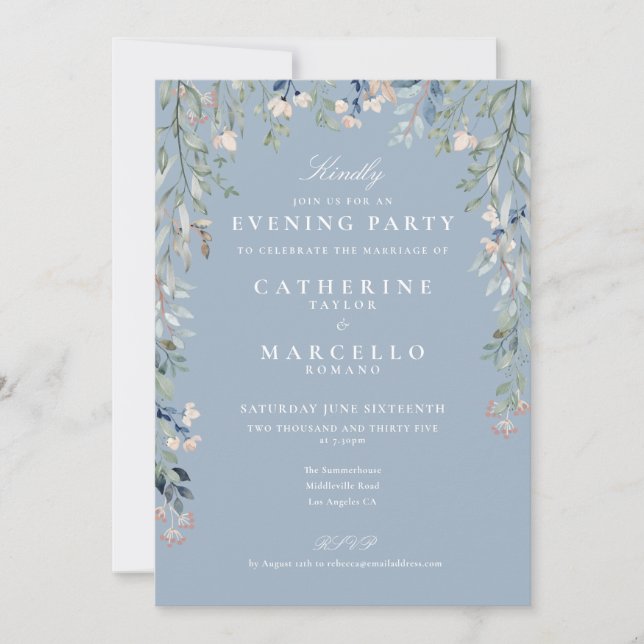 Invitation Dusty Blue Fleur sauvage Mariage soirée (Devant)