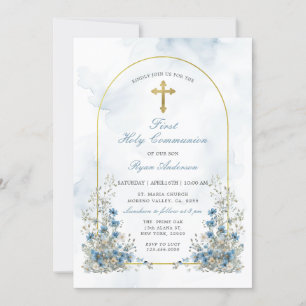 Invitation Dusty Blue Fleur sauvage Première communion sainte