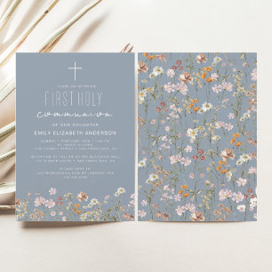 Invitation Dusty Blue Fleur sauvage Première communion sainte