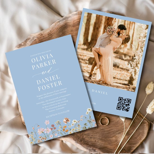 Invitation Dusty Blue Fleur sauvage QR Code Photo Boho Mariag (Créateur téléchargé)