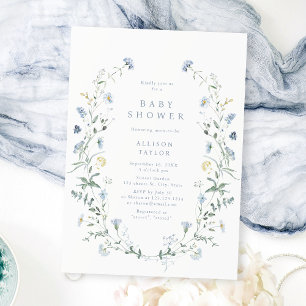 Invitation Dusty Blue Fleur sauvage Rustic Boho Baby shower