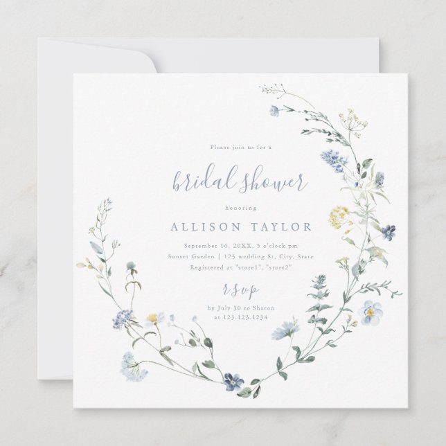 Invitation Dusty Blue Fleur sauvage Rustic Boho Fête des mari (Devant)