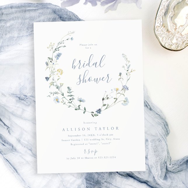 Invitation Dusty Blue Fleur sauvage Rustic Boho Fête des mari (Dusty Blue Wildflower Rustic Boho Bridal Shower Invitation)
