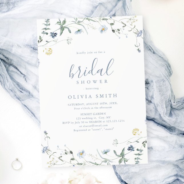 Invitation Dusty Blue Fleur sauvage Rustic Boho Fête des mari (Dusty Blue Wildflower Rustic Boho Bridal Shower Invitation)