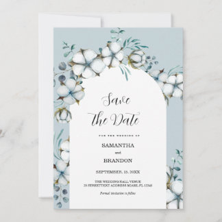 Invitation Dusty Blue, fleurs de coton, arche Enregistrer la 