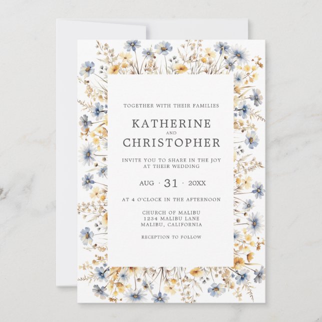 Invitation Dusty Blue Fleurs sauvages budget tout en un Maria (Devant)