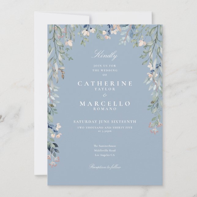 Invitation Dusty Blue Fleurs sauvages Floral QR Code Mariage (Devant)