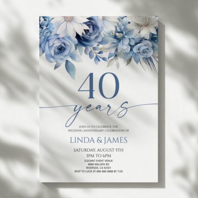 Invitation Dusty Blue Floral 40th Wedding Anniversary (Créateur téléchargé)