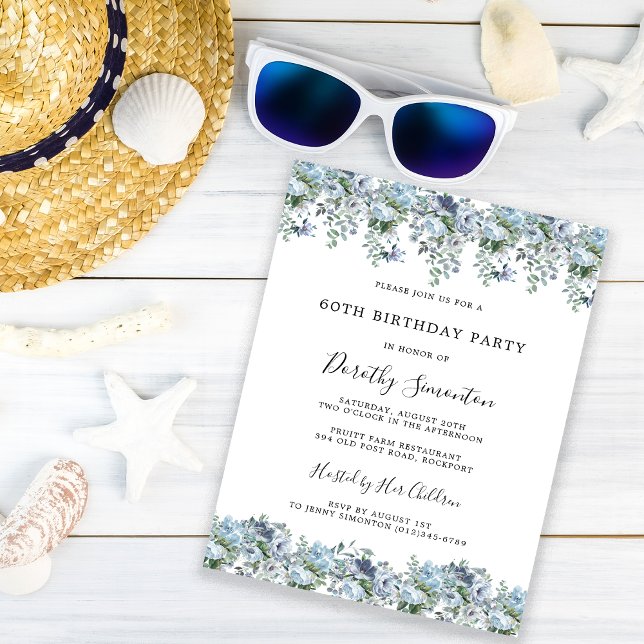 Invitation Dusty Blue Floral 60e anniversaire de fête Invitat (Créateur téléchargé)