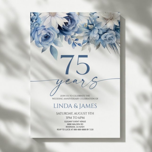 Invitation Dusty Blue Floral 75th Wedding Anniversary (Créateur téléchargé)
