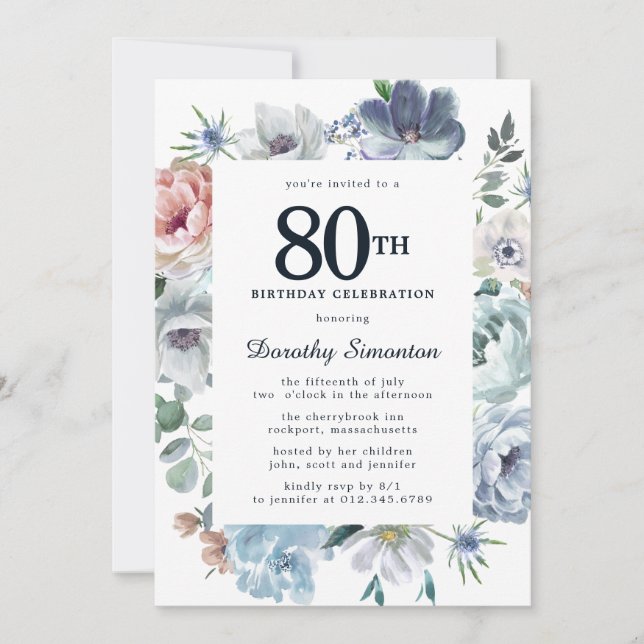 Invitation Dusty Blue Floral 80e anniversaire (Devant)
