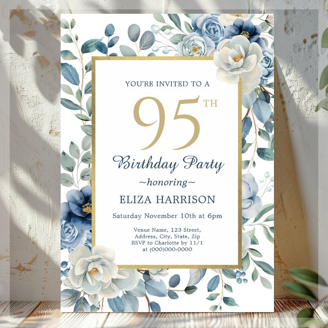 Invitation Dusty Blue Floral 95e anniversaire (Créateur téléchargé)