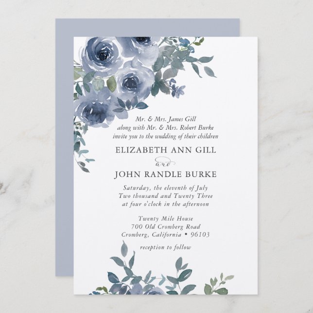 Invitation Dusty Blue Floral and Grey Formal Wedding Invite (Devant / Derrière)