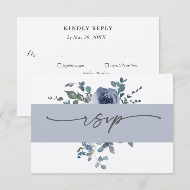 Invitation Dusty Blue Floral and Grey Wedding RSVP (Devant / Derrière)