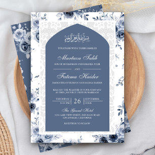 Invitation Dusty Blue Floral Blanc dentelle arc Mariage musul