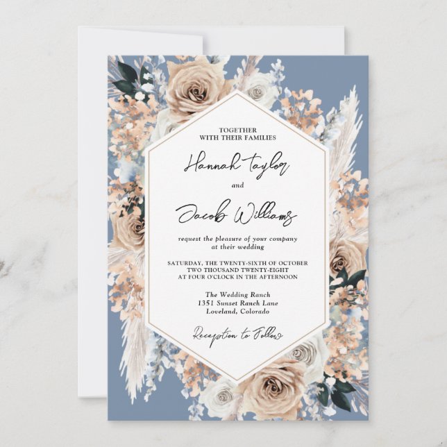 Invitation Dusty Blue Floral Boho Mariage QR Code RSVP (Devant)
