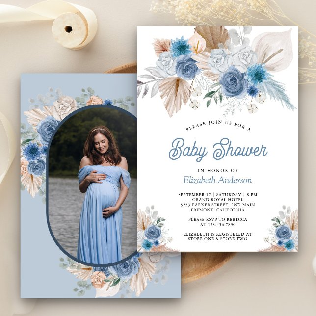 Invitation Dusty Blue Floral Boho Pampas Baby shower photo (Créateur téléchargé)