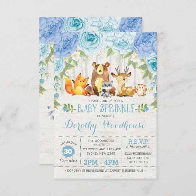 Invitation Dusty Blue Floral Bois Animaux Baby shower garçon (Devant / Derrière)