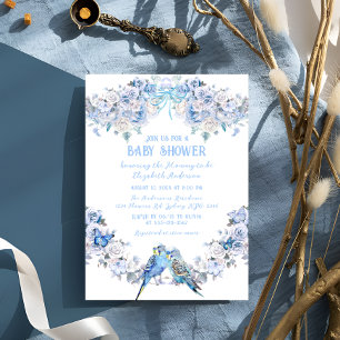 Invitation Dusty Blue Floral Bow Baby shower Whimsical