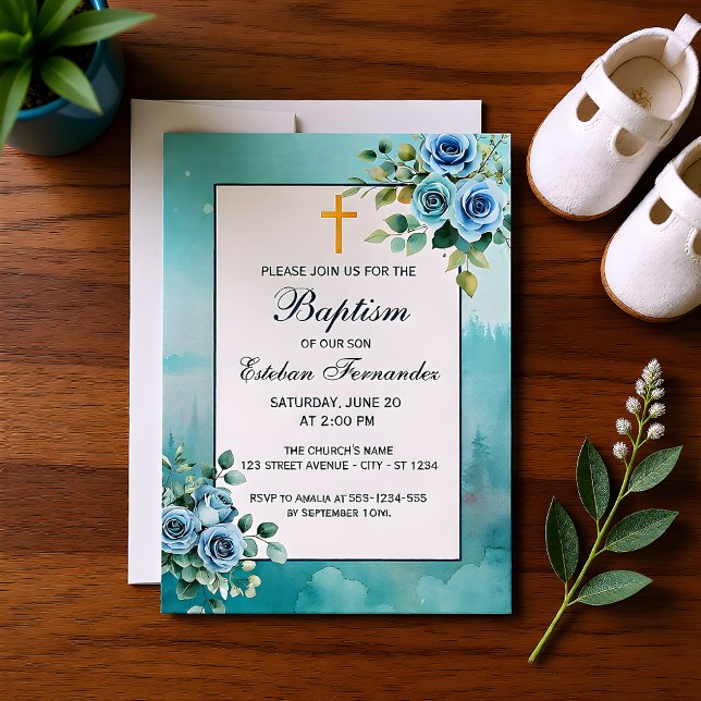 Invitation Dusty Blue Floral Boy Baptism Religious (Créateur téléchargé)