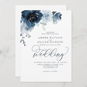 Invitation Dusty Blue Floral Dark Navy Pastel Boho Mariage