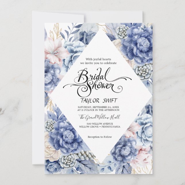 Invitation Dusty Blue Floral Diamant | Shower de Mariage  (Devant)