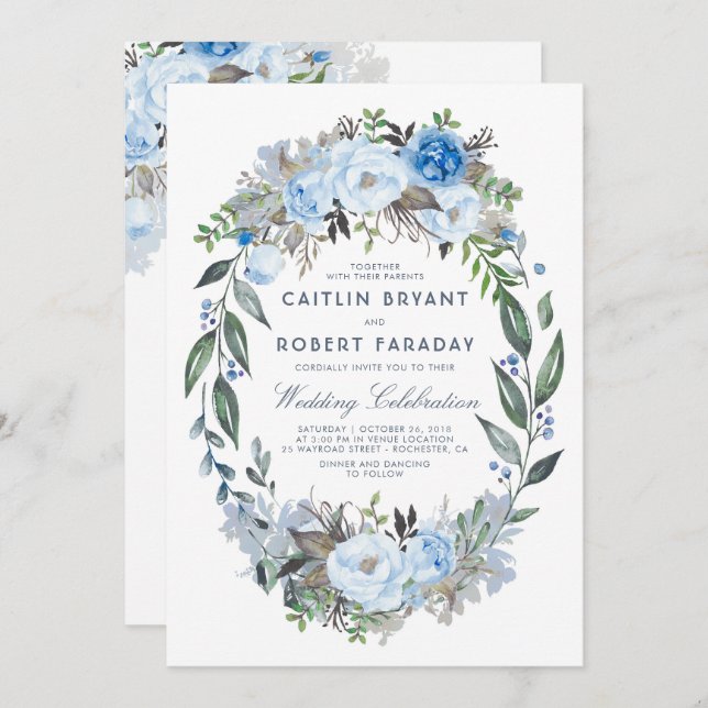 Invitation Dusty Blue Floral Elegant Mariage d'aquarelle (Devant / Derrière)