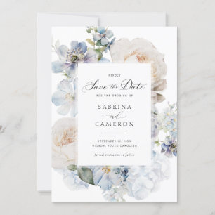 Invitation Dusty Blue Floral Élégant Mariage Rose
