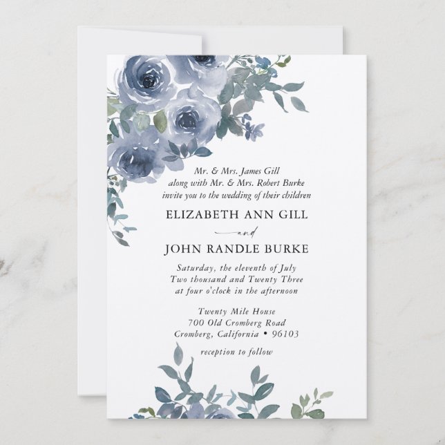 Invitation Dusty Blue Floral et Black Mariage formel Invitati (Devant)