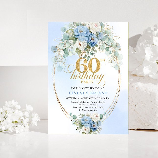 Invitation Dusty Blue Floral Eucalyptus 60th Birthday Invites (Dusty Blue Floral Eucalyptus 60th Birthday Invitation)