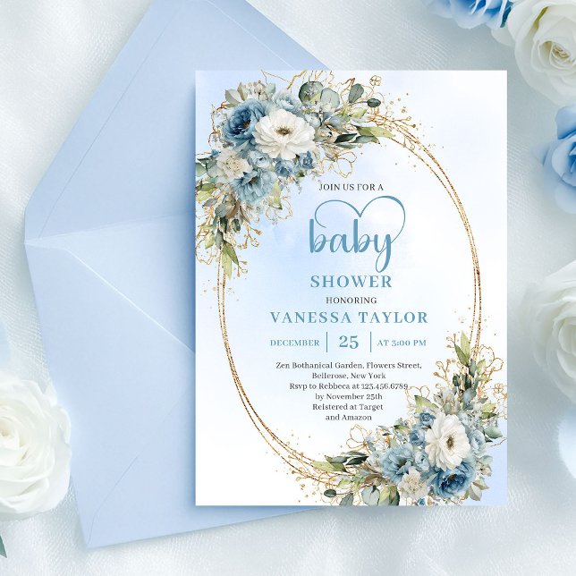 Invitation Dusty Blue Floral Eucalyptus Gold Script Baby Show (Dusty Blue Floral Eucalyptus Gold Script Baby Shower

)