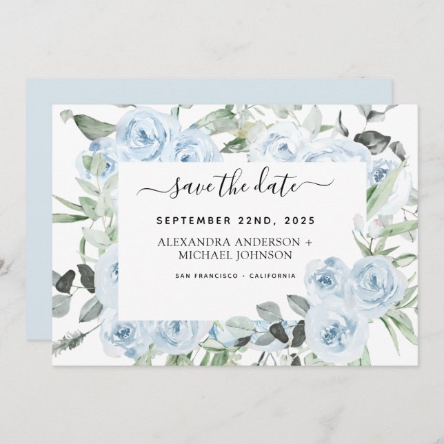 Invitation Dusty Blue Floral Green Enregistrer la date (Devant / Derrière)