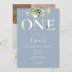 Invitation Dusty Blue Floral Greenery 1er Anniversaire Photo